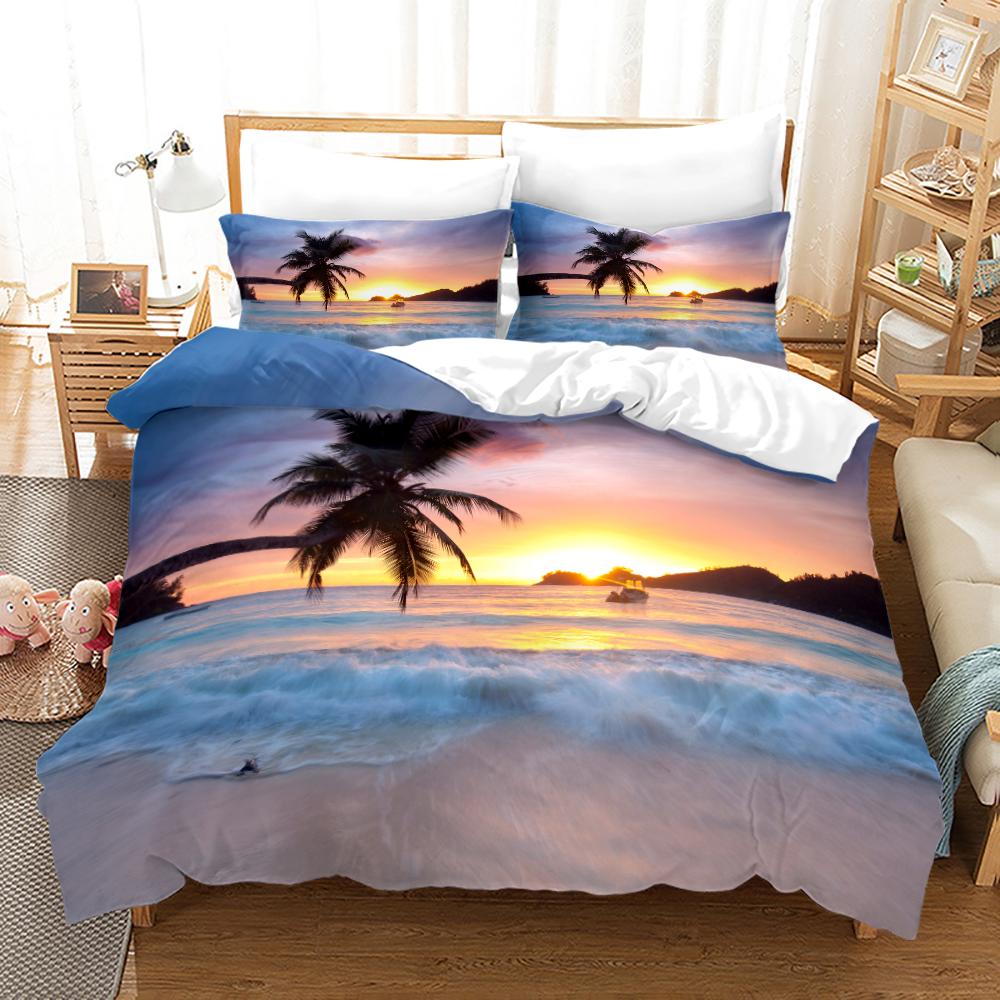 Tropical Landscape Polyester Duvet Cover Sets King Full With Pillowcase Coconut Trees Sea Sunset Natural View Large Sun Pattern