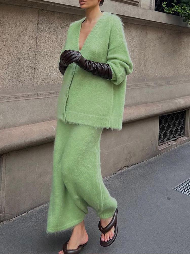 

Женский бежевый вязаный кардиган с V-образным вырезом и длинная юбка, элегантный повседневный наряд L