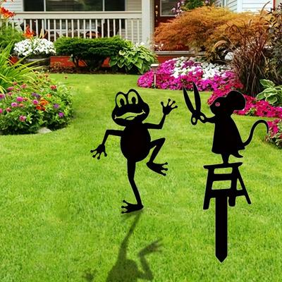 2 Stück Festliche Gartenstecker aus Metall in Form eines Frosches und einer Maus aus Metall – Weihnachtsdekoration für den Garten im Freien – Keine Batterien erforderlich