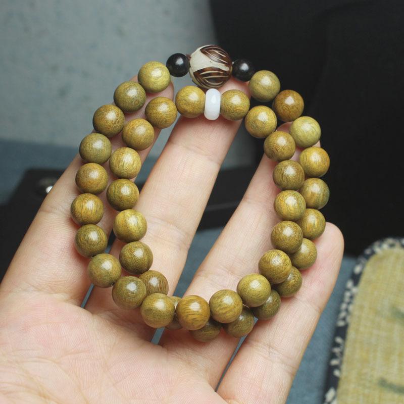 Double Strand Green Sandalwood Lotus Beaded Bracelet Unisex Handheld Wooden Ornament
