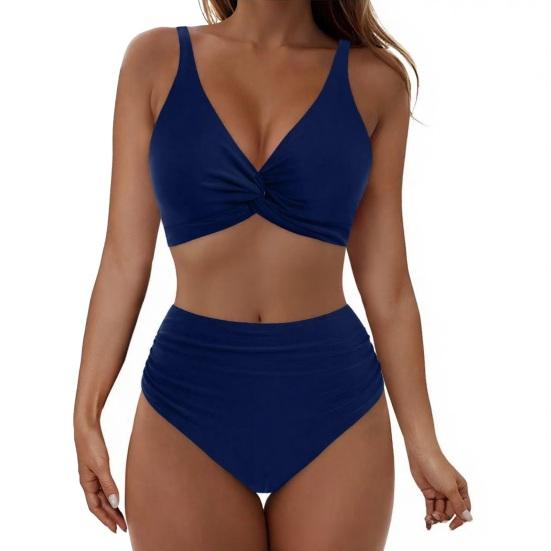 

2 шт./Набір Жіночий Роздільний Бікіні Глибоке V-подібне декольте Дизайн з перекрутом спереду Бюстгальтер Висока талія Трусики Комплект Швидкосохнуча Еластична тканина Купальний костюм для відпустки S темно-синього кольору