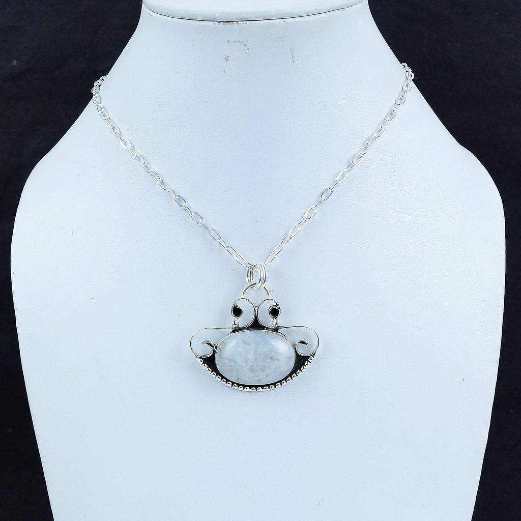 Natural Rainbow Moonstone Silver Pendant In 925 Sterling Silver - Handmade Design, Everyday Wear Jewelry Thanksgiving Gift