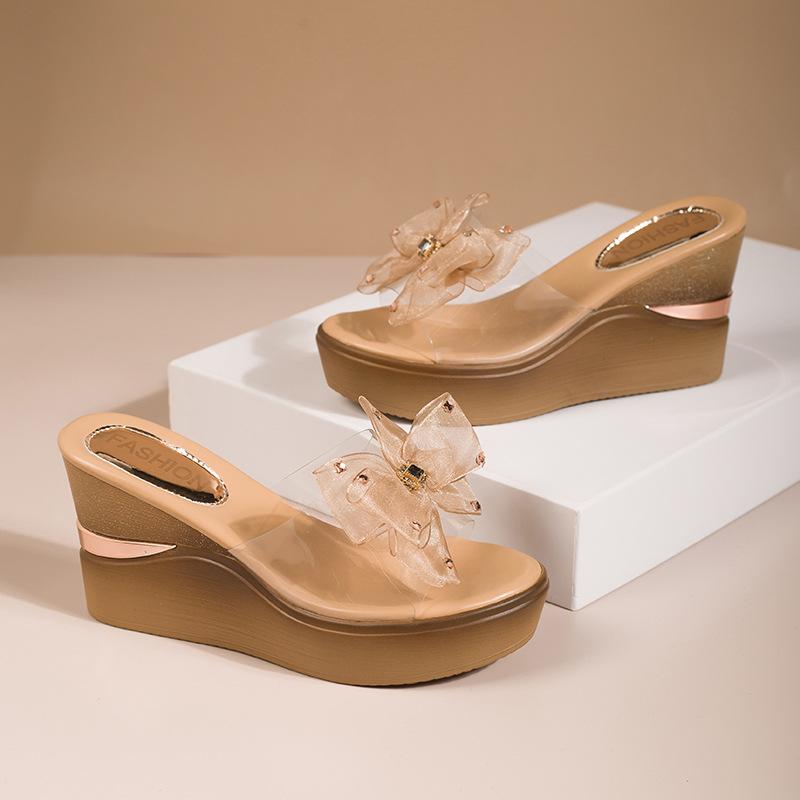 Wedge heel slippers women's summer outer wear 2025 new bow rhinestone high heels waterproof table thick sole fashion sandals