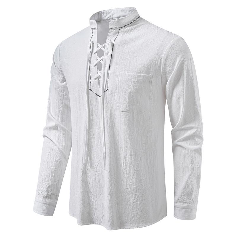 Men's Lace-Up Stand Collar Long Sleeve Shirt Casual Retro Top for Men Spring Autumn Fashion Multi-Color Male Blouse