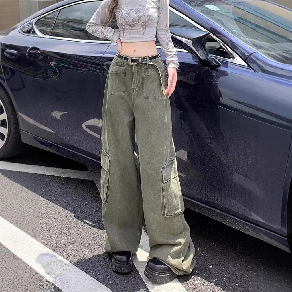 Plus Size High Waist Army Green Slimming Cargo Pants - 2025 Hip-Hiding Loose Straight Leg Jeans