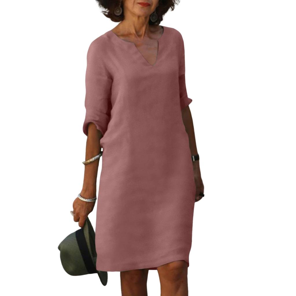 Women's Fashion -Color Dress 3/4 Sleeves V Neck Dress