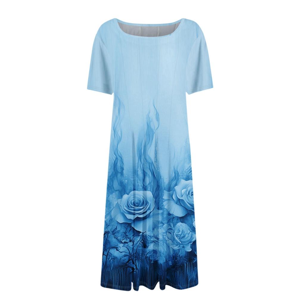 Women's Casual Sundress Summer Boho Beach Dress Floral Blouses For Women O Neck Loose Dresses