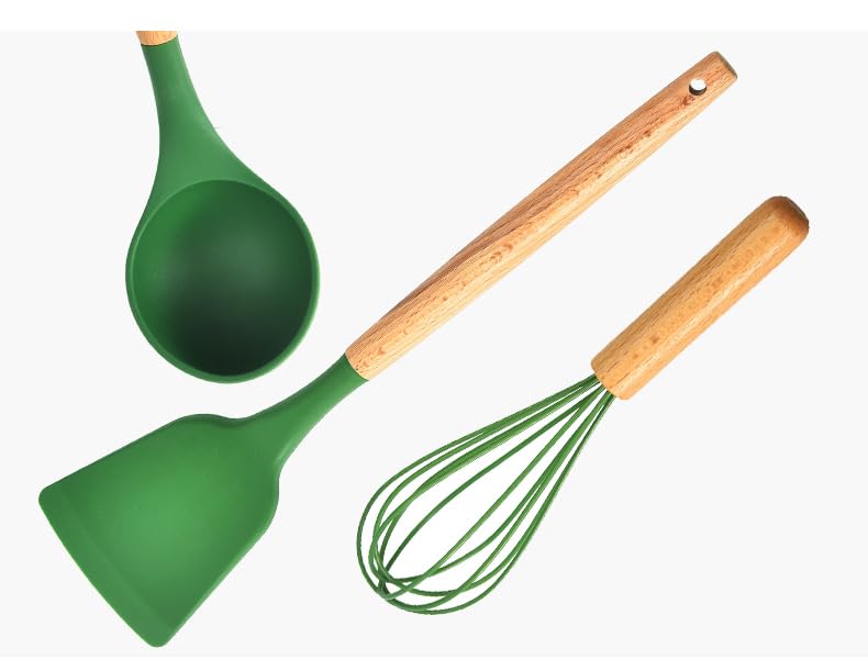 Gugrida Kochgeschirr-Set aus lebensmittelechtem Silikon und Buchenholz mit 10 Edelstahlhaken, 12-teilig (Dunkelgrün)