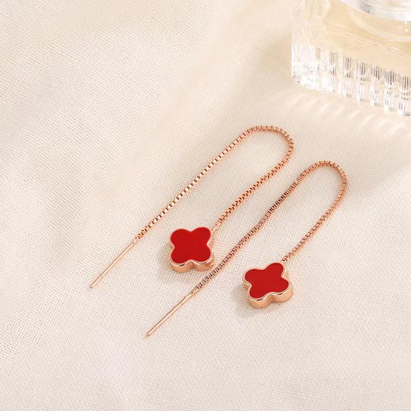 Простые универсальные серьги, темпераментные, легкие, роскошные, для пожилых людей, четырехлистный клевер, длинная кисточка, ушная проволока красный