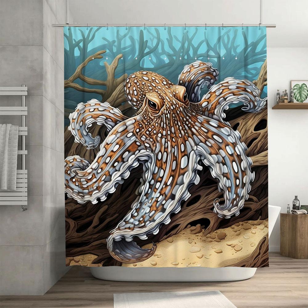 Underwater WorldGiant Octopus Shower Curtain Decoration 3D Printed Fabric Bathroom Liner for Home Decor (Blue Ocean Background)