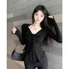 Pure desire style design, rough edge V-neck sweater women's clothing, autumn and winter new slim and thin niche cardigan top