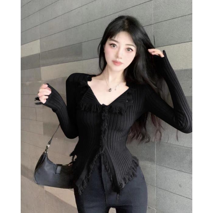 Pure desire style design, rough edge V-neck sweater women's clothing, autumn and winter new slim and thin niche cardigan top