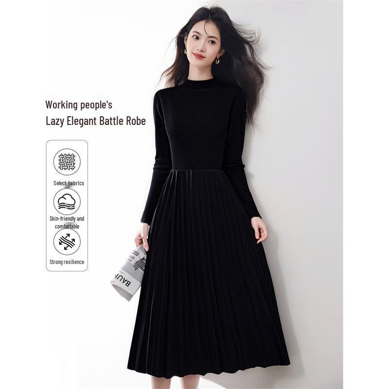 

Women s Semi-High Collar Knitted Pleated Velvet Dress L