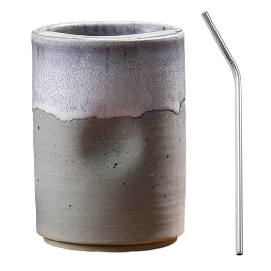 Vintage Keramik-Kaffeebecher mit Strohhalm, Retro Handbemalte Gestreifte Zylinderbecher, Grobkeramik für Heiße Kalte Getränke