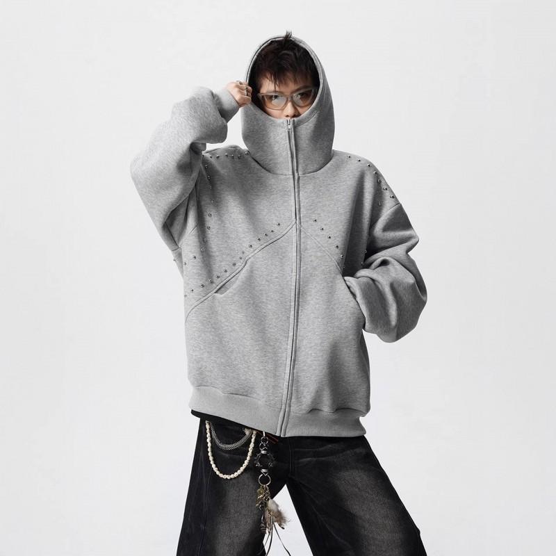 Unisex Hoodie met Rits en Metalen Studs Patchwork Ontwerp Losse Pasvorm Streetwear Tieners