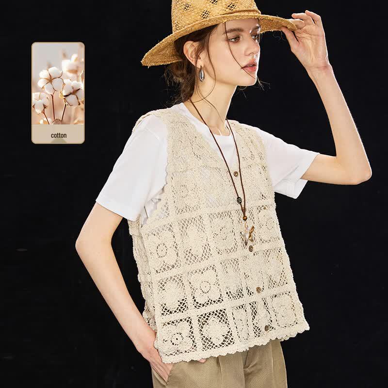 Cotton Blend Hollow Crochet V-Neck Vest Cover-Up
