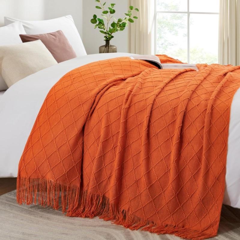 50"x60" Orange Gift Kniited Throw Blankets With Tassels Lightweight Soft Cozy Plaids for Bed Sofa Chair Fluffy Throw Blankets