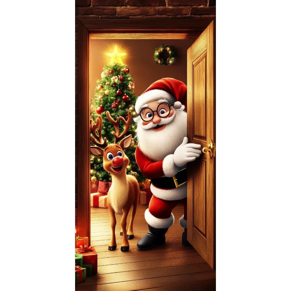 Christmas Door Cover Decoration Santa Claus Elk Open Door Welcome Christmas Background Indoor Outdoor Porch Banner Party