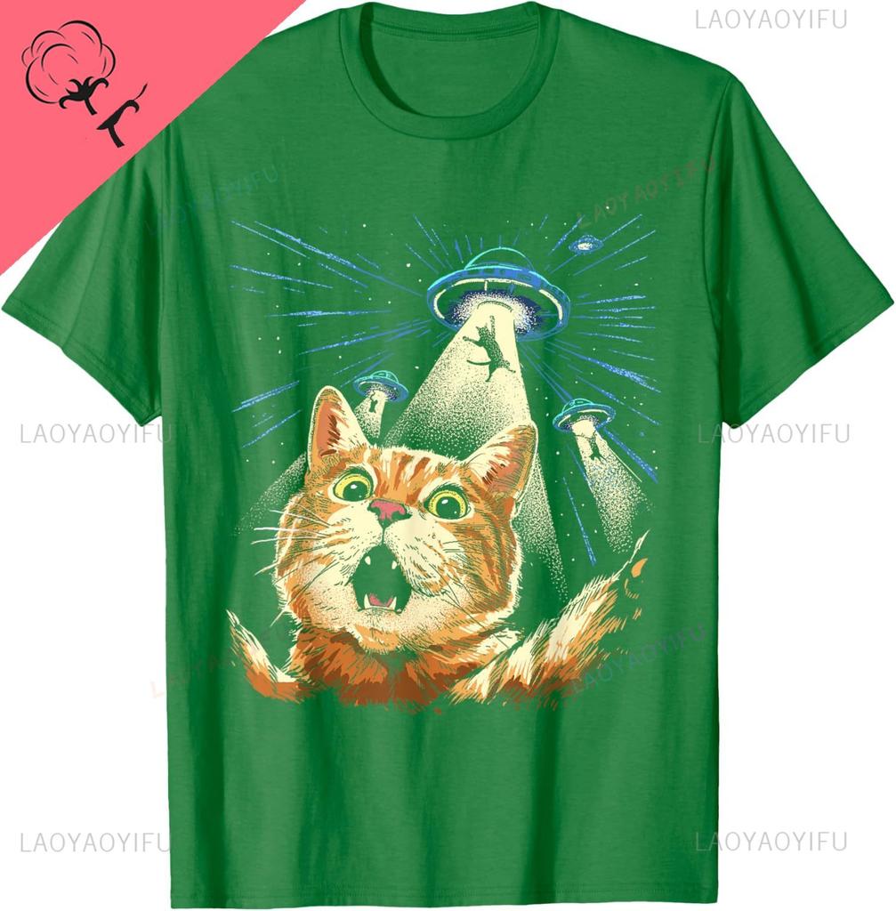 Alien Cat Shirt Funny Invasion Cat Selfie Ufo Abduction Tshirt Couple Kawayi Breathable And Comfortable Cotton Printed Tshirt