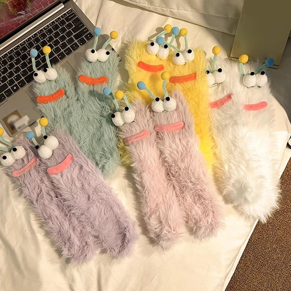 Funny Socks Autumn Winter Coral Fleece Floor Socks Couple Sleep Sock Fuzzy Socks Funny 3D Xmas Cartoon Eyes Fluffy Socks