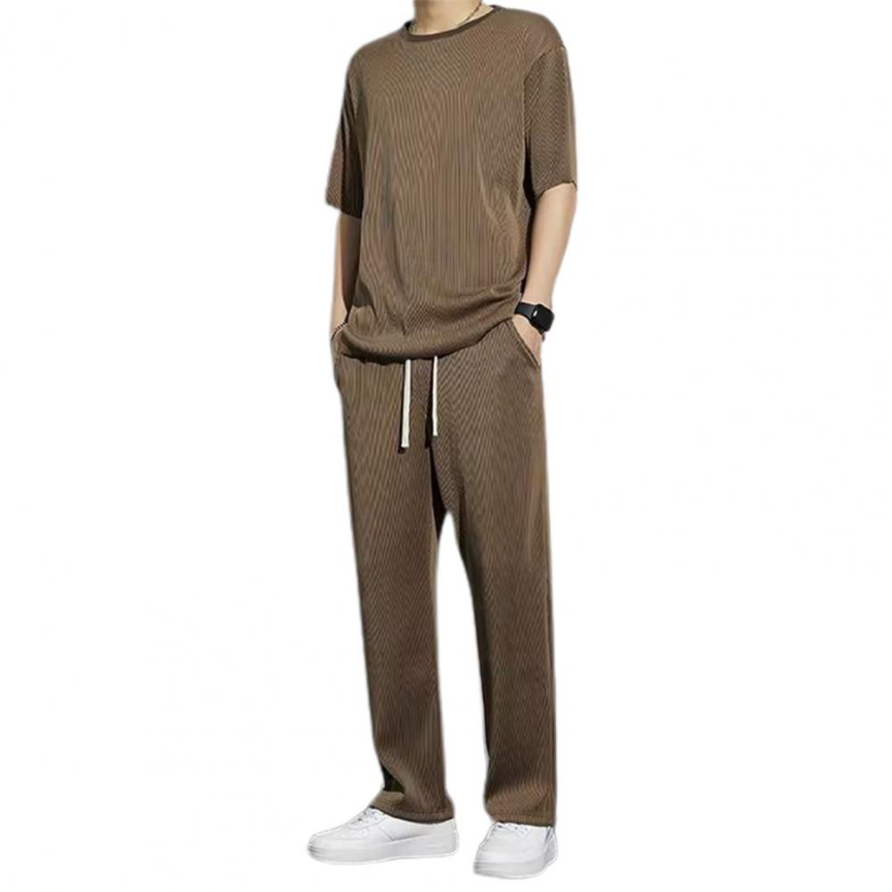 2Pcs/Kit Men Summer Leisure Outfit O-neck Short Sleeve T-shirt Elastic Drawstring Waist Wide Leg Long Pants Kit One Tone Casua