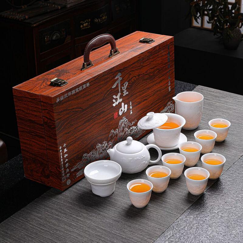 Dehua Ceramic Qianli Jiangshan Embossed Kung Fu Tea Set