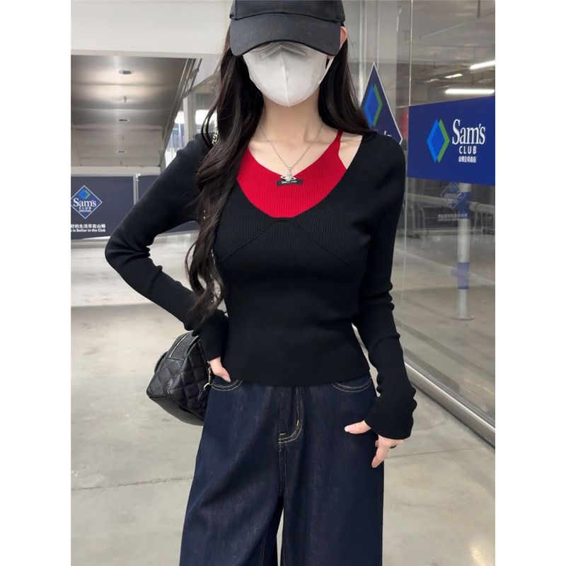 Kumikumi Pure Desire Style Sexy Temperament Fake Two Pieces Long sleeve Knit Women Autumn Waist Hugging Slimming Versatile Top