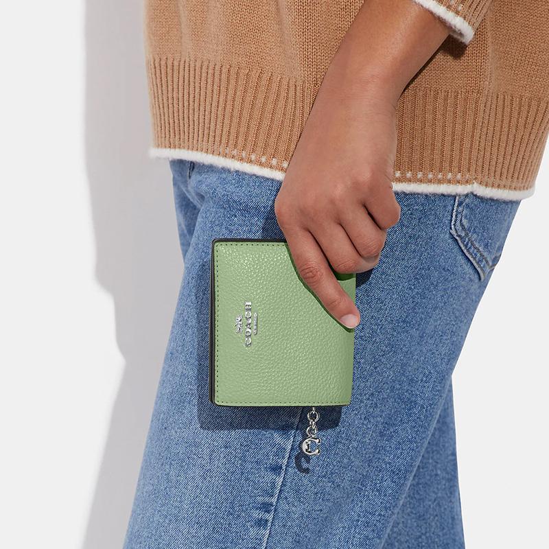 New COACH Snap Wallet Leather Card Holder, Wallet Mini Women's Grass Green C2862-SVTY6