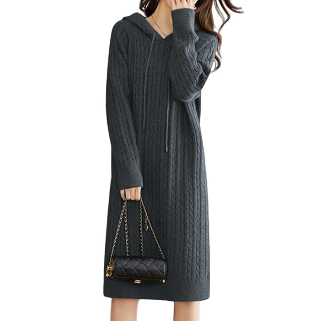 WoauNuiHll Hooded Knit Long Cable Midi Solid Loose Perfect for Everyday Winter Women's Dress, Sleeve, Knit, Length, Color, Figure-Flattering,