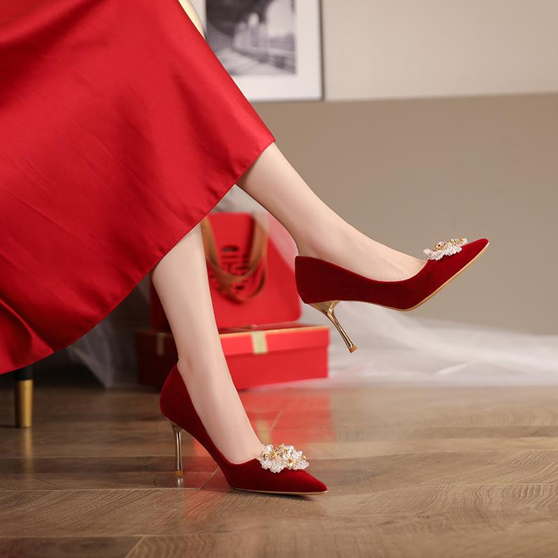Fashion Fashion New Flocked High Heels Pointed Toe High Heels Women's Red Bridal Shoes
