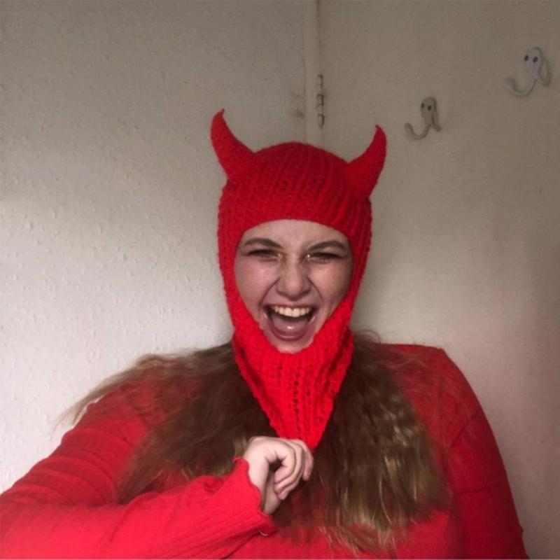 Novelty Devil Horn Face Cover Hat Knit Balaclava Cap for Women Men Winter Warm Hat Adult Halloween Costume Role Play Cap