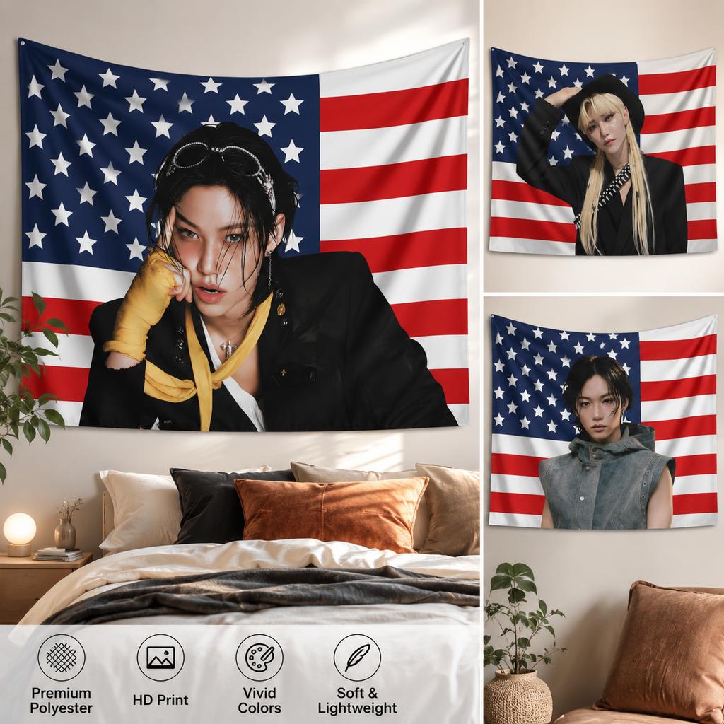 K-Pop Boy Idol Portrait Tapestry American Flag Background Flat Print Wall Hanging For Music Fans Bedroom Dorm Decor