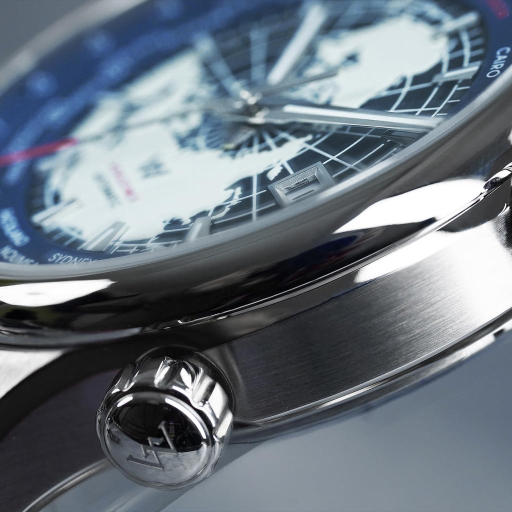 Montre pour Homme avec Fonction Heure Mondiale, Résistance à l'Eau 100M, Simple, Élégante, Populaire et Formelle - WM057 - Argent Bleu