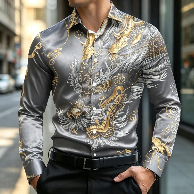 New Men's Long Sleeve Shirt Traditional Art 3D Printing Business Office Nightclub Wedding Casual Single breasted Men's Top