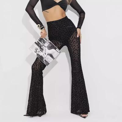 Pantalones Casuales Acampanados de Cintura Alta para Mujer de Estilo Europeo y Americano, Sexy, de Malla Flocada