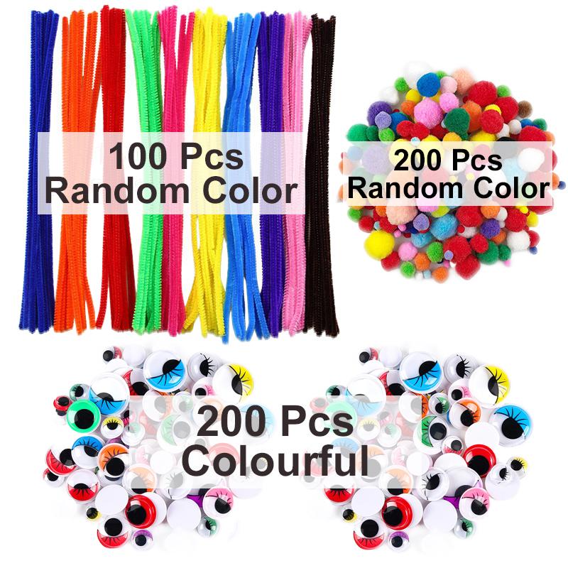 200 pompom balls, 200 adhesive eyes,100 chenille stems, DIY Materials for Kids Aduilt Handmade Art Craft Gifts for Boys Girls