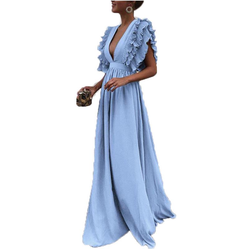 

2026 European Women s Flutter Sleeve V-Neck Backless Long Dress S світло-синій колір