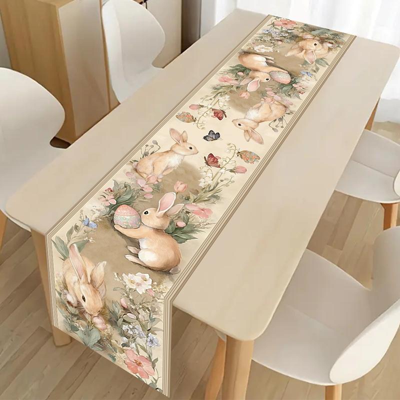 Vintage Easter Bunny Table Runner Polyester Rabbit Eggs Flower Table Flag Easter Decorations For Home Kitchen Dining Table Decor