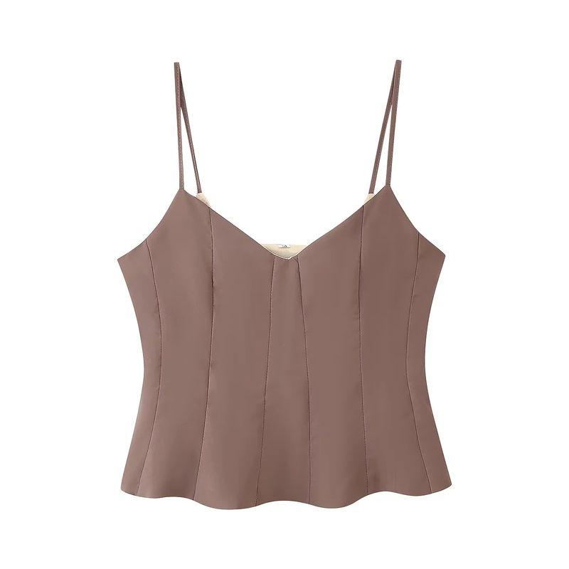 

Summer New Women clothes V-neck Sleeveless Solid Short Sling Top + High Waist Straight Casual Trousers Set Khaki Tops L
