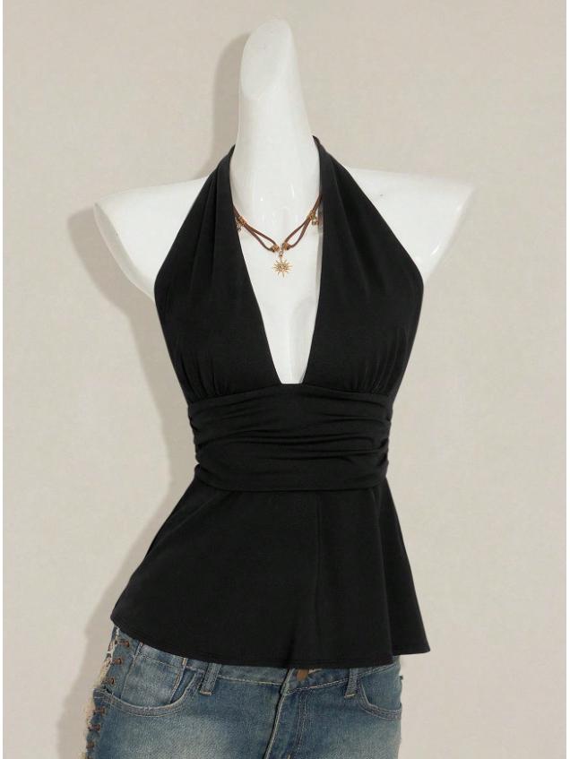 Stylish Multi-color Halterneck V-neck Pleated Vest - Summer Fashion