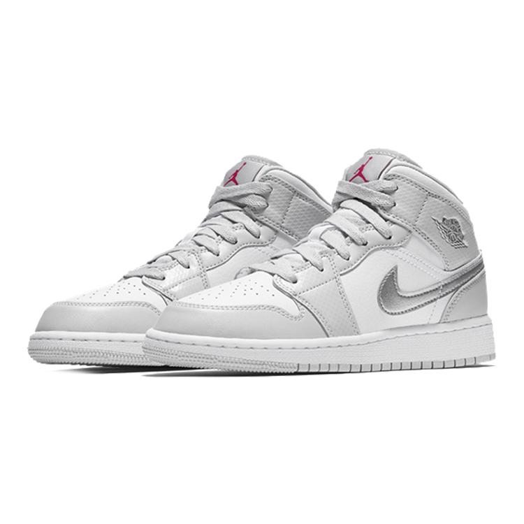 Jordan Air Jordan 1 Mid High top Children's Basketball Shoes White Silver Teenagers 555112-012