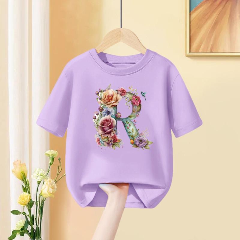 Mädchen T-Shirt 26 Englische Buchstaben A B C D Kindermode Blume T-Shirt Kinder Benutzerdefinierter Name Buchstabe Sommer Lila Kleidung