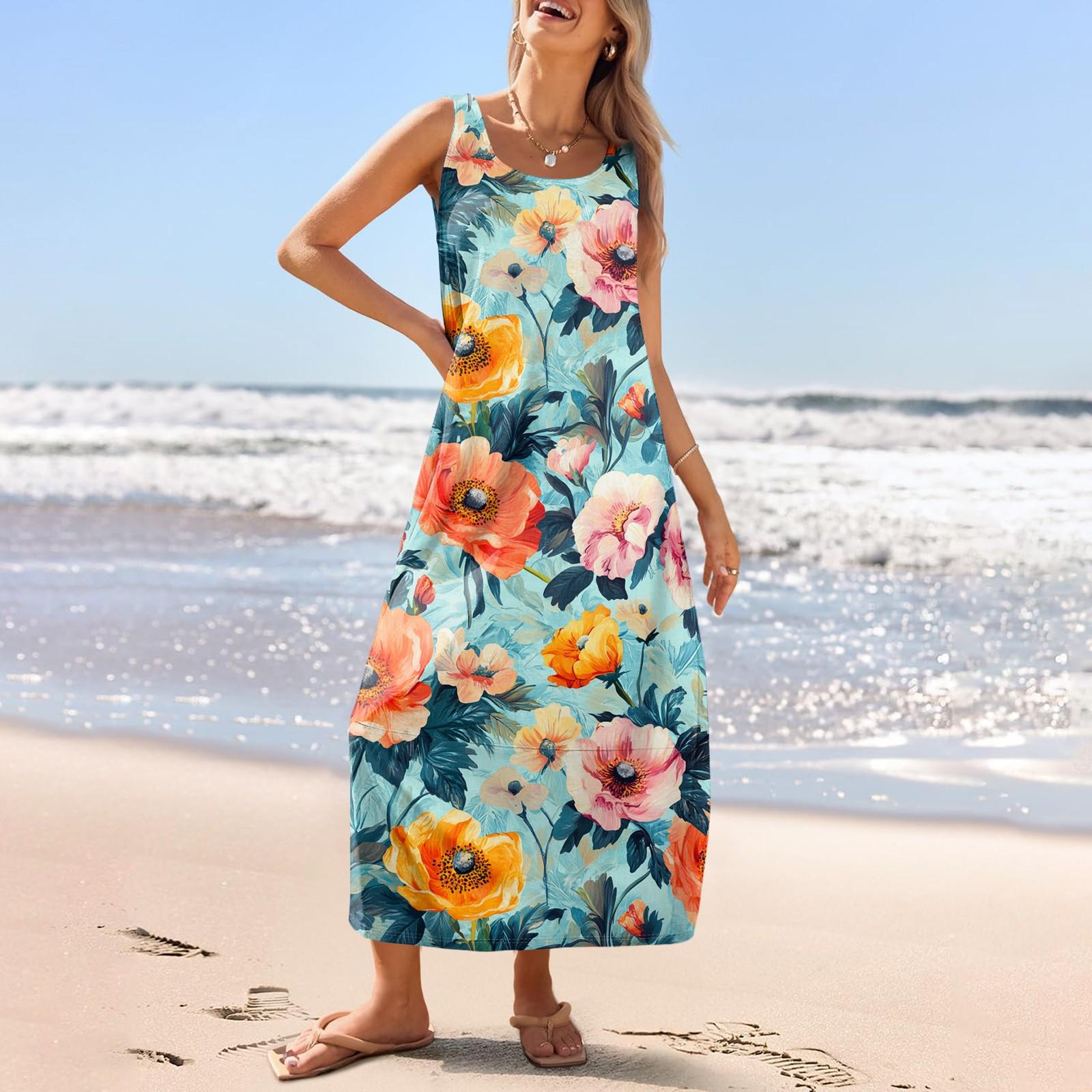 

Женский повседневный длинный сарафан, летнее пляжное платье, круглый вырез, без рукавов, свободный сарафан XL оранжевый