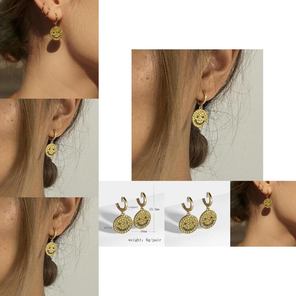 Summer Trend Gold Plated Round Earrings Smiley Face Pendant For Women