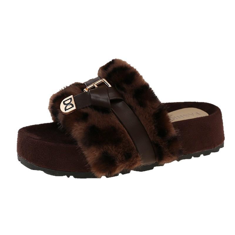 Retro belt buckle leopard print fluffy slippers women's new fashionable versatile comfortable lightweight one-word cotton slippers
