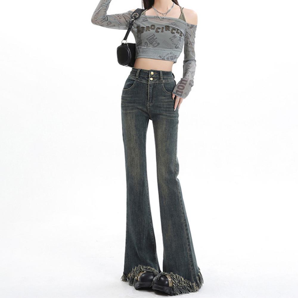 

Американская уличная красотка бахрома моп джинсы женские весенне-осенние с высокой талией джинсы-клеш XL