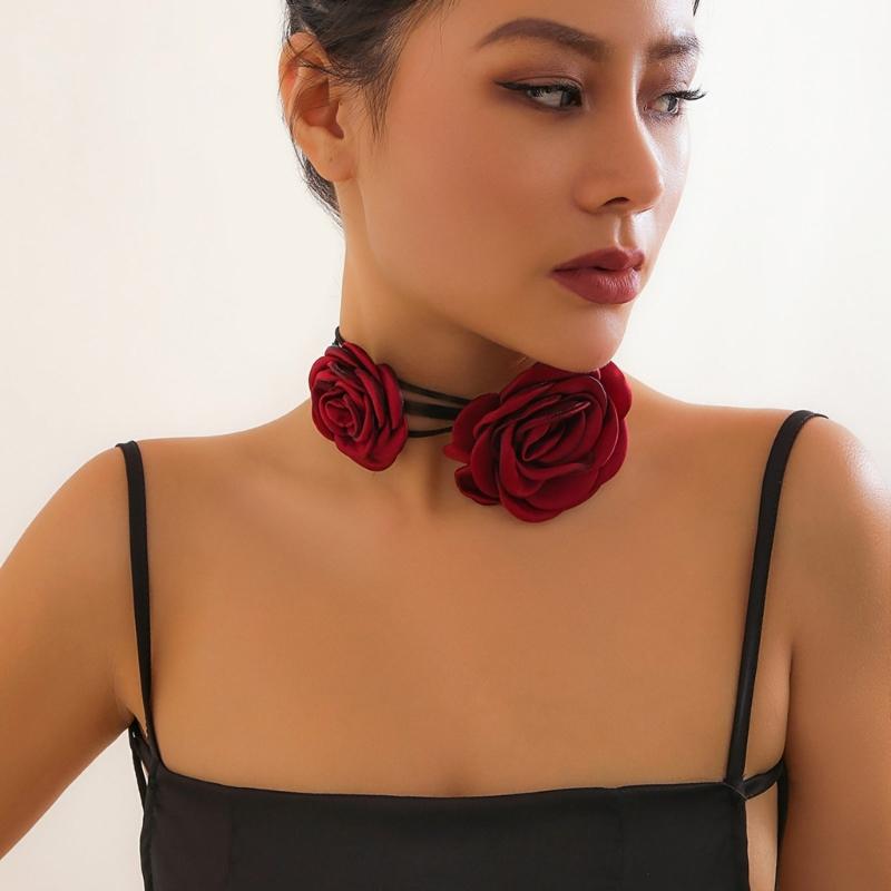 Y2K Adjustable Rope Necklaces with Big/Small Rose Pendant Charm, Fashionable Gothic Clavicle Chain Trendy Neckwear Gift