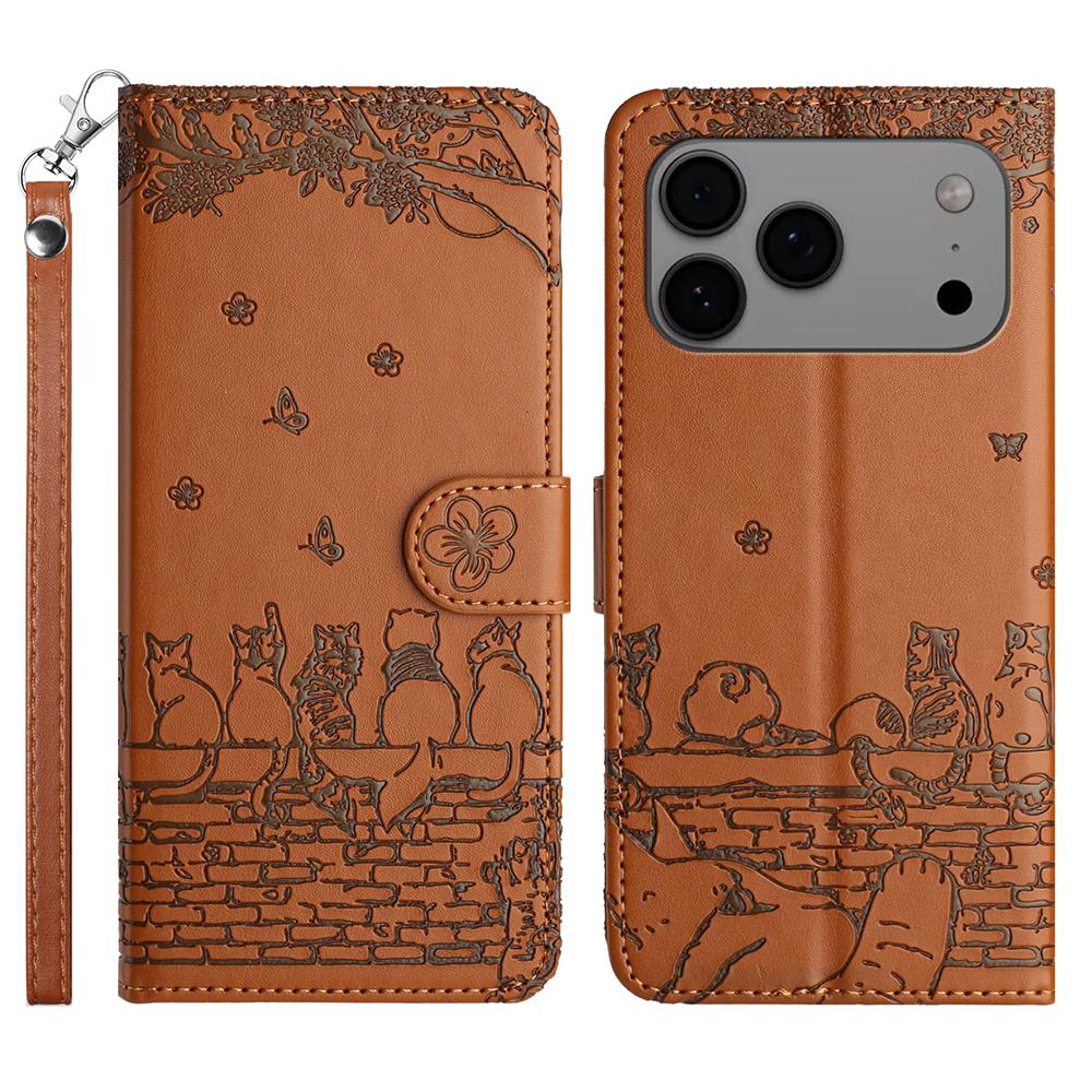 For iPhone 17 Pro Case with Wrist Strap Leather Phone Cover Wall Cats Pattern