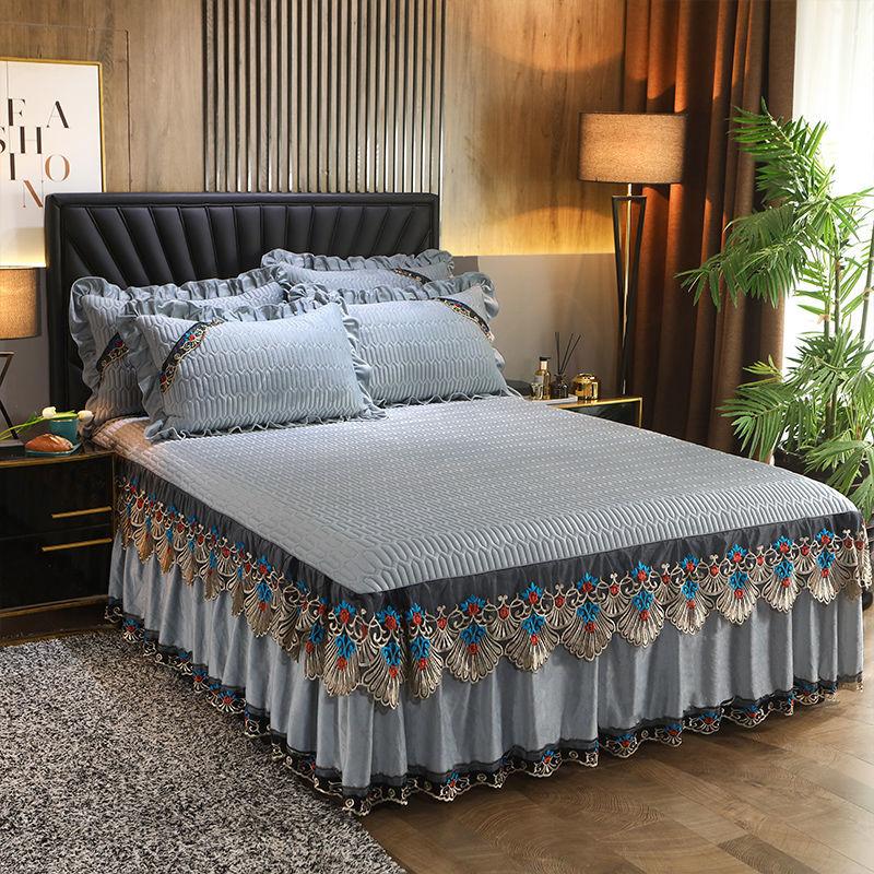 3 teile/satz Kristall Samt Gepolsterte Bett Rock Spitze Herbst und Winter Blätter Europäischen-stil Simmons Schutzhülle