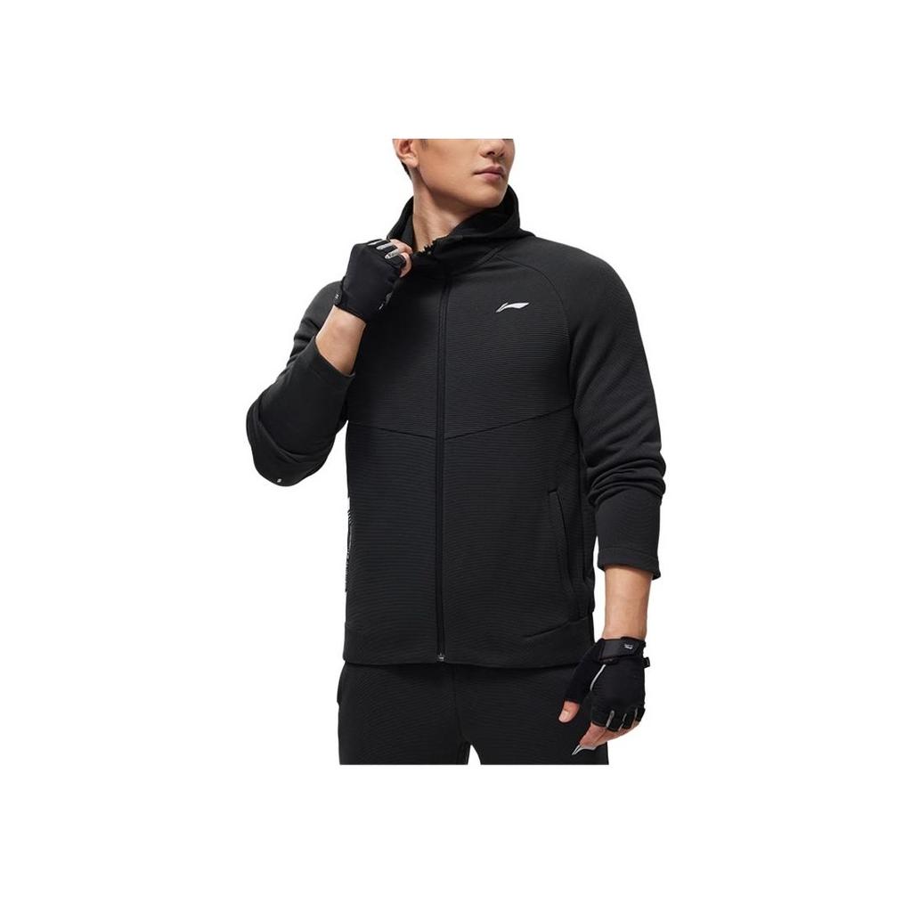 Li Ning Fitness Series Solid Color Outdoor Casual Sports Zipper Hooded Fleece Long Sleeve Jacket Men jackets Black AWDU069-1